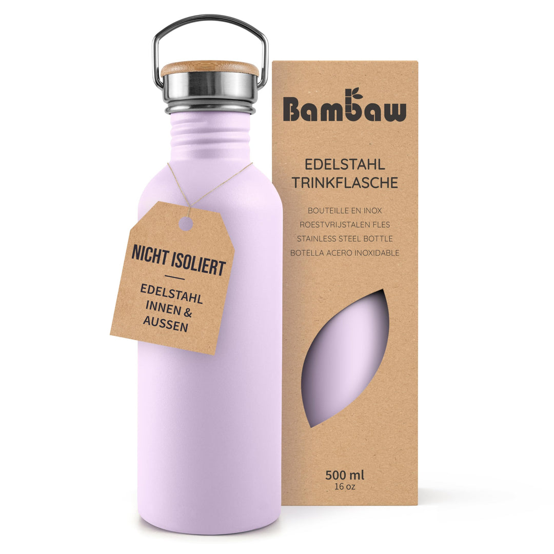 Bambaw Trinkflasche 500ml Edelstahl, Nicht-isolierte Trinkflasche Lila, Trinkflasche Ohne BPA, Metal