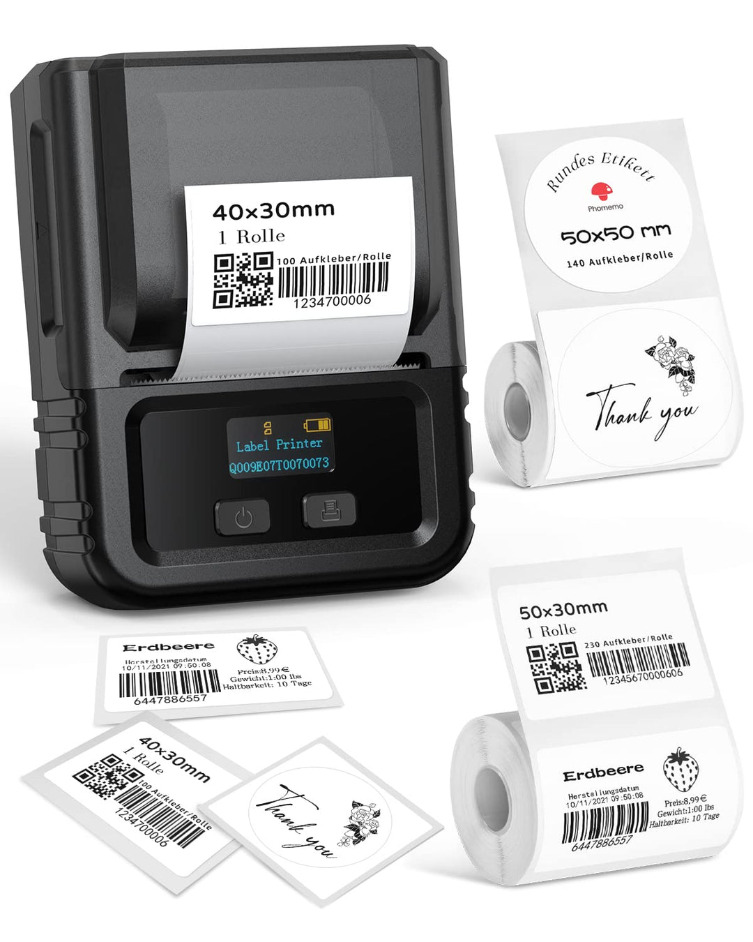 Phomemo M120 Etikettendrucker mit 3 Rollen Etikettenpapier, Bluetooth Thermo Beschriftungsgerät,Trag