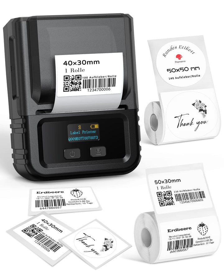 Phomemo M120 Etikettendrucker mit 3 Rollen Etikettenpapier, Bluetooth Thermo Beschriftungsgerät,Trag
