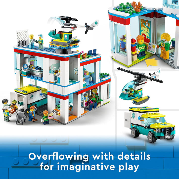 LEGO 60330 City Krankenhaus mit Krankenwagen, Rettungshubschrauber und 12 Mini-Figuren für Jungen un