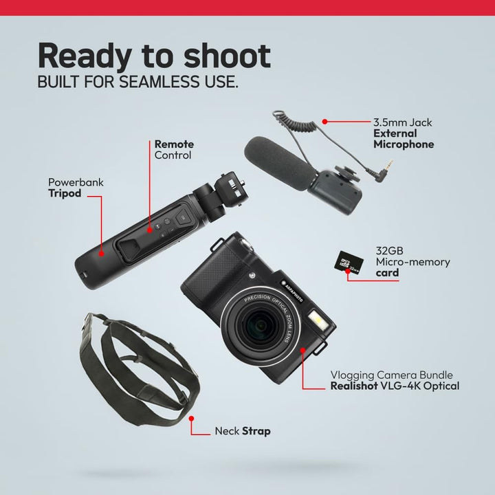 AGFA Photo Vlogging Kit VLG-4K Schwarz mit 8X optischem Zoom, Powerbank-Stativ, Fernbedienung, Mikro