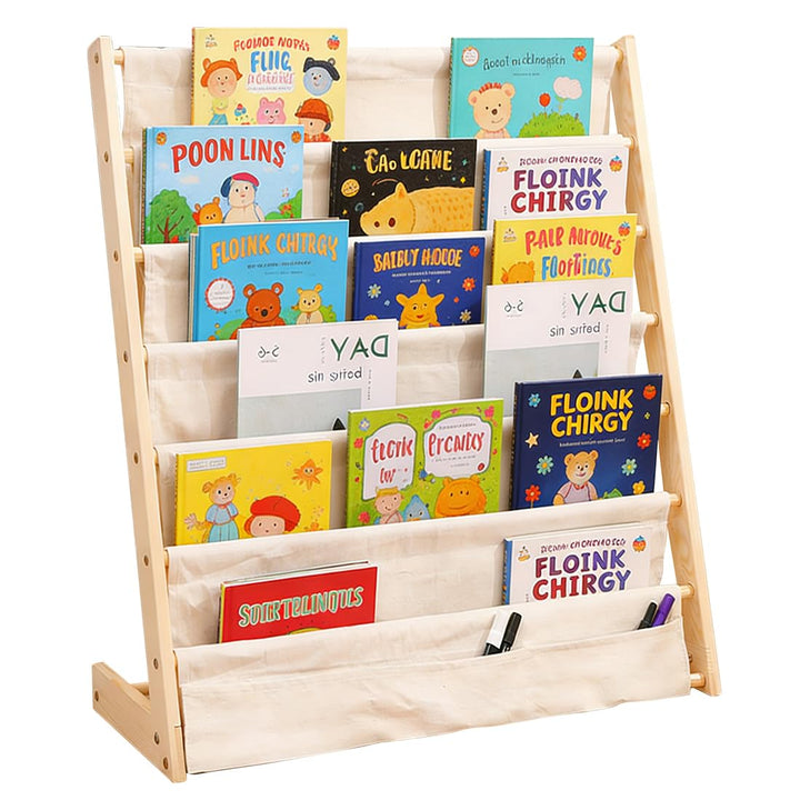 Kinder Bücherregal, 75x 30 x 79 cm Montessori Bücherregal mit 6 Ebenen und Stofffächern, Offenes Kin