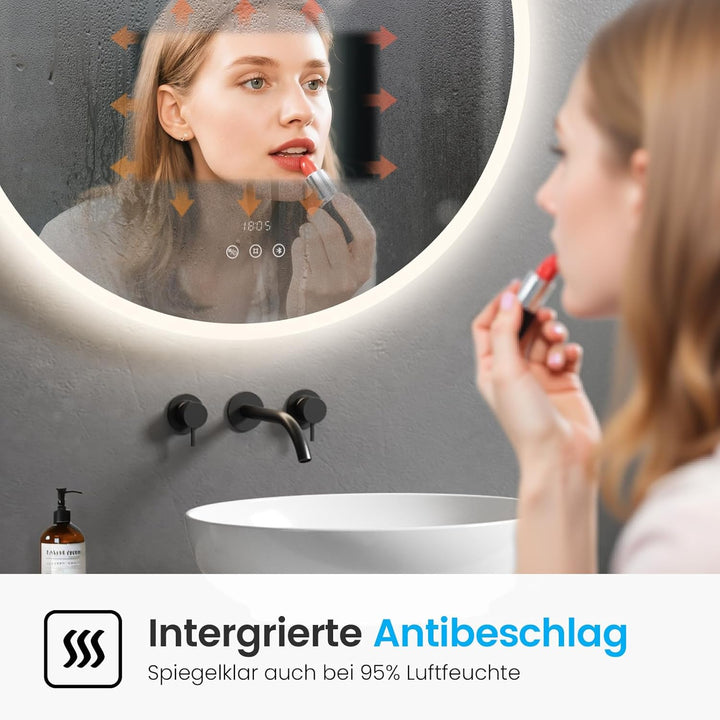 Heilmetz Bluetooth Badspiegel mit Beleuchtung Rund 60cm, LED Badezimmerspiegel mit Licht, Uhr, Antib