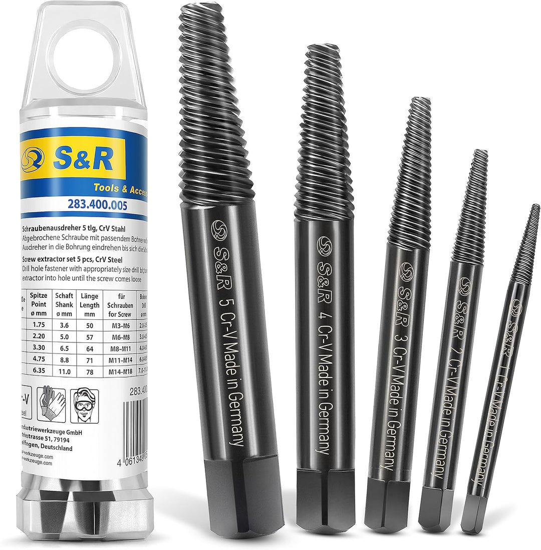 S&R Schraubenausdreher Set/MADE IN GERMANY/Linksausdreher-Satz, 5-tlg. aus hitzegehärtetem, geschmie