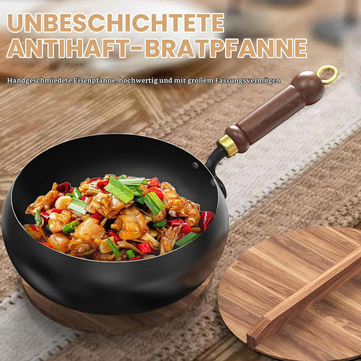 Japanische Eisenpfanne mit Holzdeckel, 24cm Natürlich Antihaft &amp; Ohne Chemische Beschichtung Iron Pa