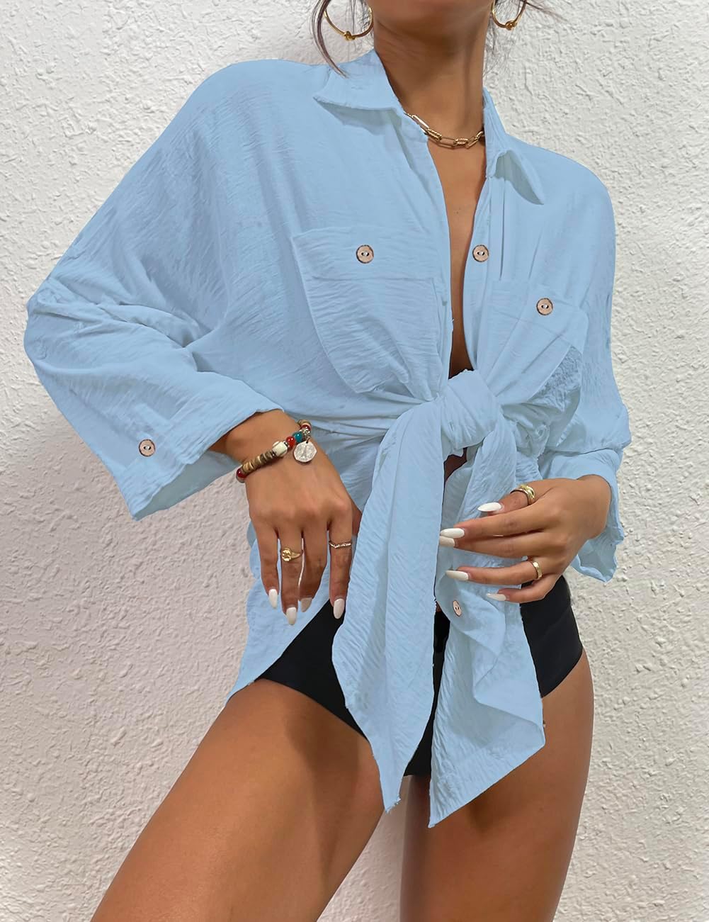 Frauen Badeanzug Coverup Shirt Kleid Button Down Badeanzug Cover Up Beachwear, B-hell Blau M