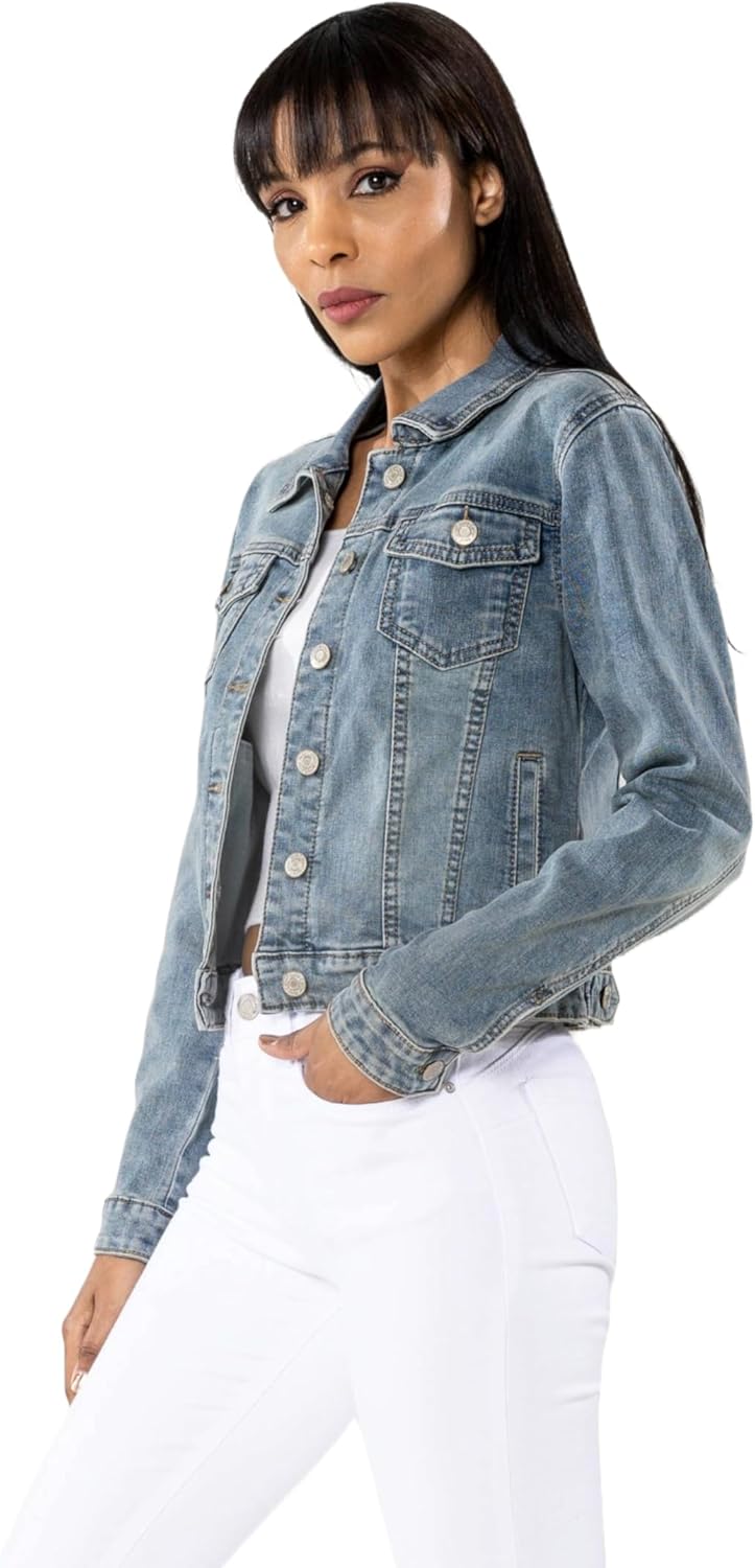 Nina Carter S338 Damen Jeansjacke Übergangsjacke Leichte Waschungseffekt Jacke Blau Denim Casual S V