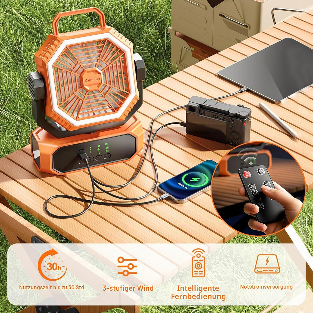 Tragbarer Campingventilator mit Licht, Camping Ventilator mit Fernbedienung, Timer, 3 Geschwindigkei