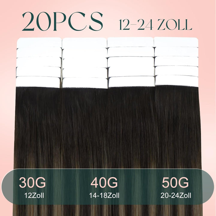 Easyouth Adhesive on Extension Haar Extensions Tape Echthaar 24 Zoll 50g Farbe Dunkelbraune Mischung