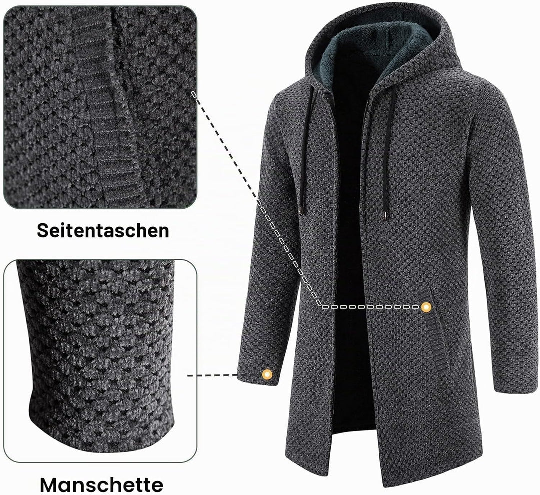 KUDORO Strickjacke Herren Cardigan Lang Trachtenjacke Kapuze mit Kapuze Gestrickt Pullover Hoodie Wi