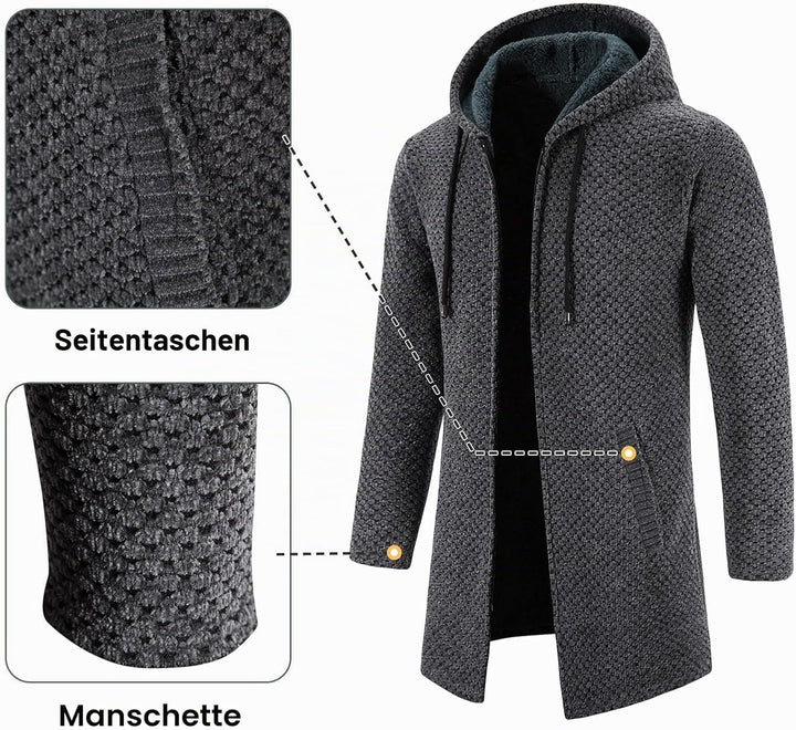 KUDORO Strickjacke Herren Cardigan Lang Trachtenjacke Kapuze mit Kapuze Gestrickt Pullover Hoodie Wi