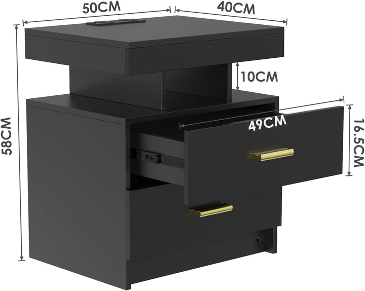 PIPIPOXER Nachttisch mit LED, Nachtschrank mit Steckdose und Ladefunktion, Beistelltisch mit 2 Schub