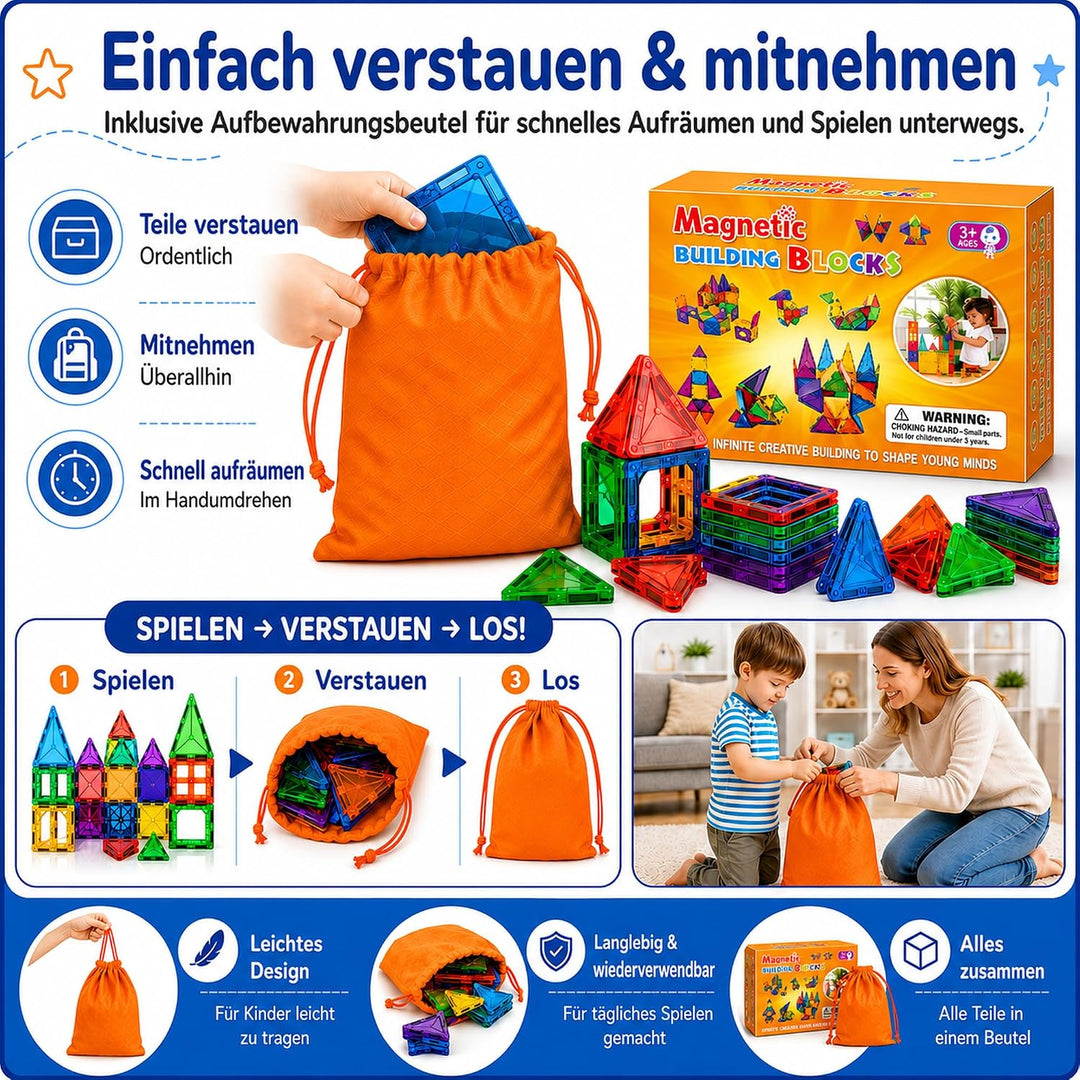 Magnetische Bausteine 50 Stück, Magnetspielzeug Kinder ab 3 4 5 Jahre, Montessori Konstruktionsspiel