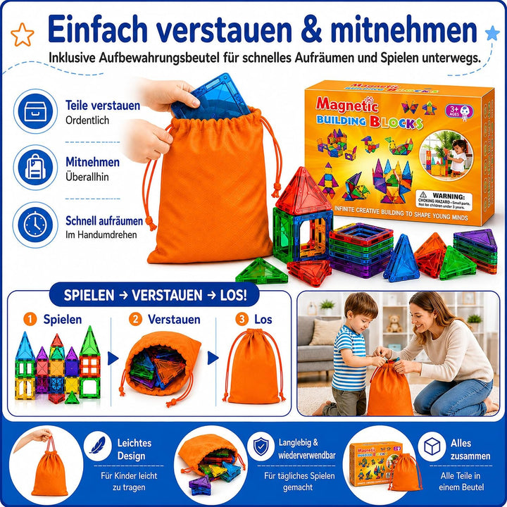 Magnetische Bausteine 50 Stück, Magnetspielzeug Kinder ab 3 4 5 Jahre, Montessori Konstruktionsspiel