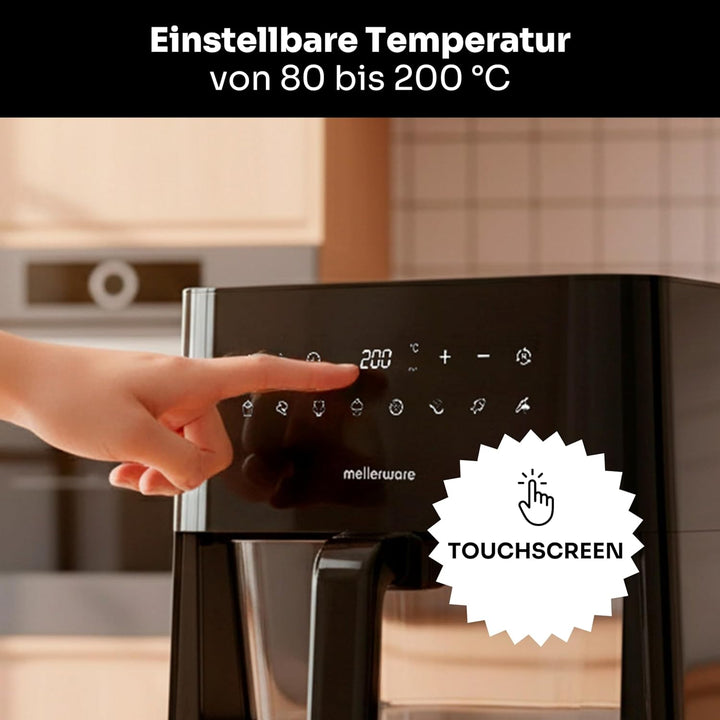 MELLERWARE – Heissluftfritteuse 1450W | Glasbehälter 4,5L | 9 Programme + Vorheizen | Touchscreen |