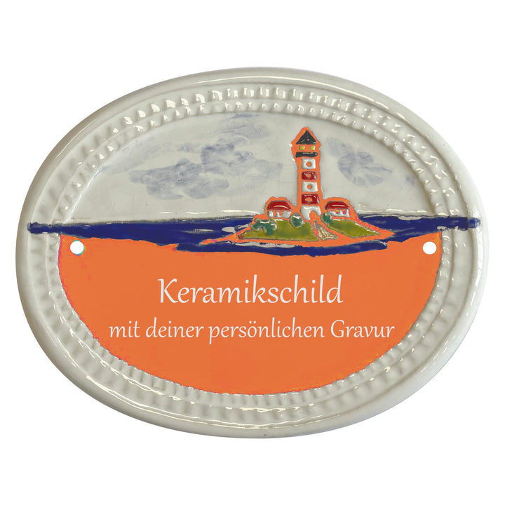 Handarbeit aus Schleswig-Holstein Keramikschild 16,0 x 13,0 cm Motiv Leuchtturm auf Insel (Terracott