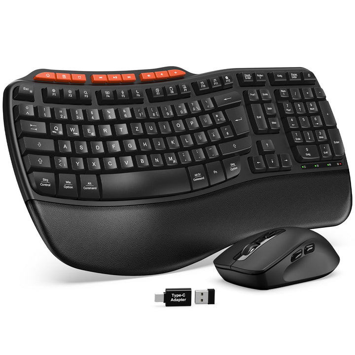 Tastatur Maus Set Kabellos, 2,4GHz Wave Tasten in Voller Grösse, Ergonomische Tastatur mit Gepolster