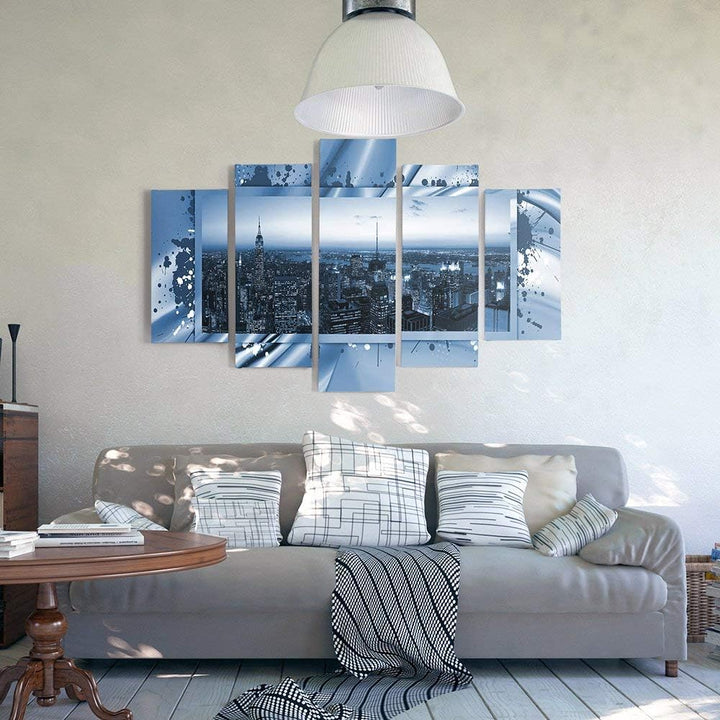 Feeby Frames, Leinwandbild Bilder Wand Bild - 5 Teile - Wandbilder Kunstdruck (New York City, BLAU)