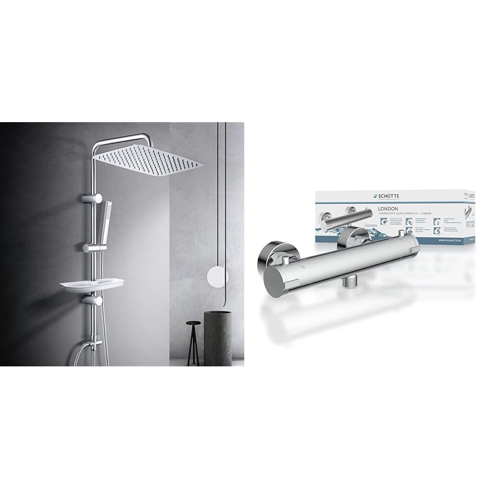 Görbach Regendusche Duschset Duschsystem mit Ablage Chrom Duschstangeset ohne Duscharmatur (35x25) &