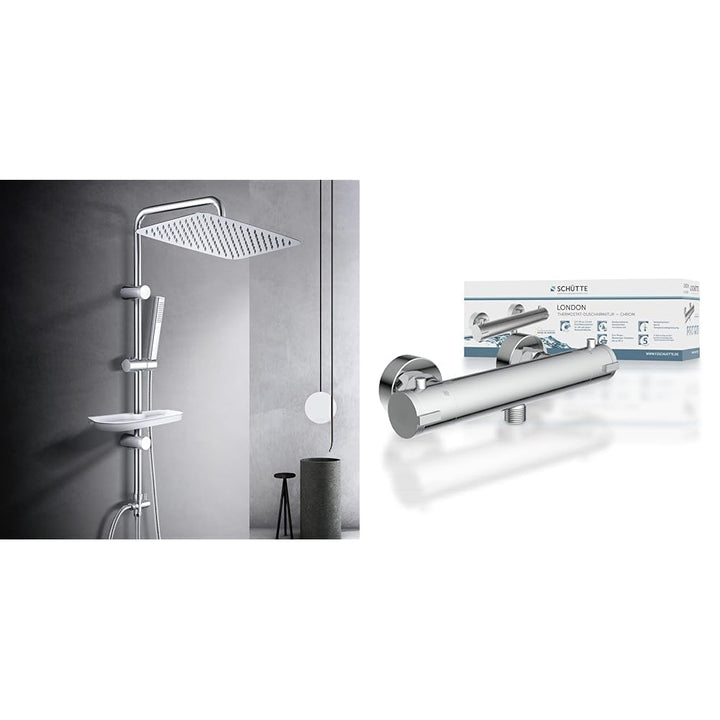 Görbach Regendusche Duschset Duschsystem mit Ablage Chrom Duschstangeset ohne Duscharmatur (35x25) &