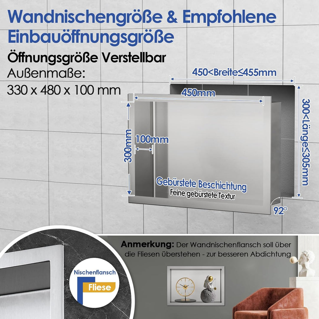 ROVOGO 45 x 30 x 10 cm Wandnische Dusche Edelstahl 304, Eingebettete Duschnische Einzelregal Lagerun