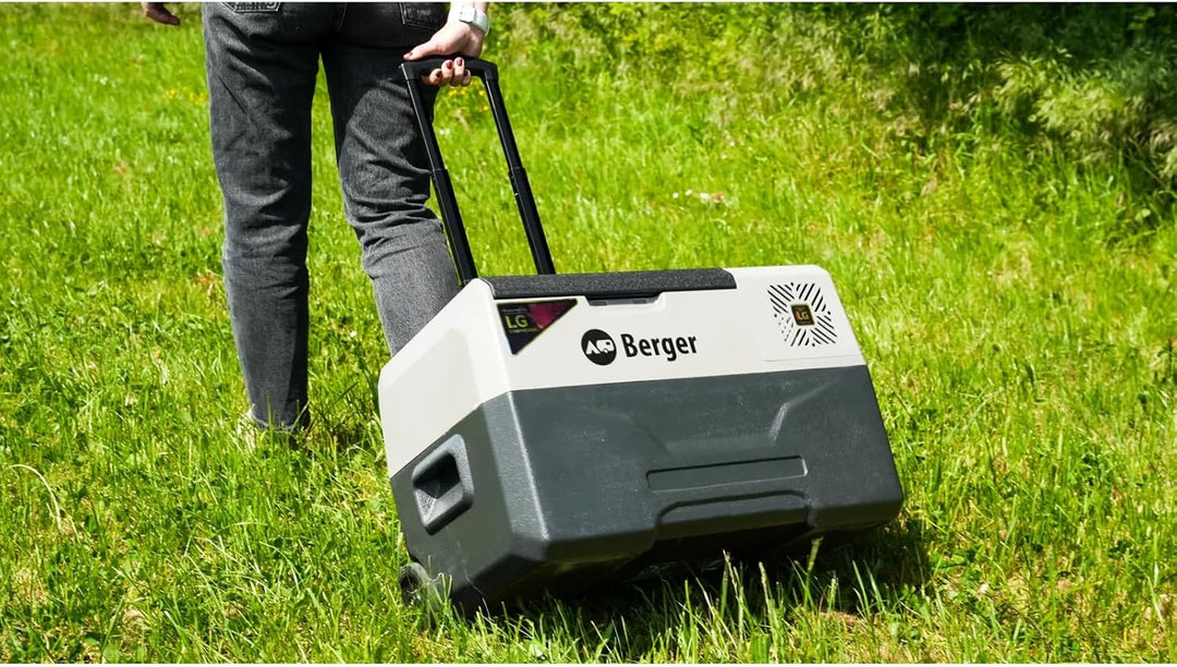 BERGER Kompressor Kühlbox B30-T 29 L │ 12V, 24V, 230V Stecker │ Elektrische Auto Kühlbox mit Rollen