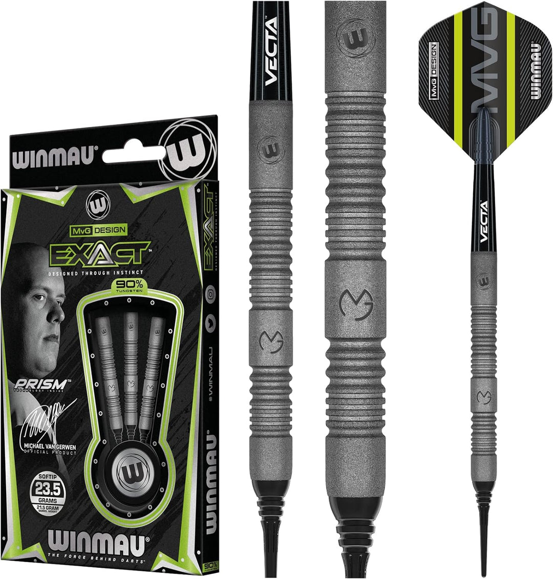 WINMAU MvG Exact 21.5 Gramm Profi Wolfram Softip Dartpfeile Set mit Flights und Schäfte