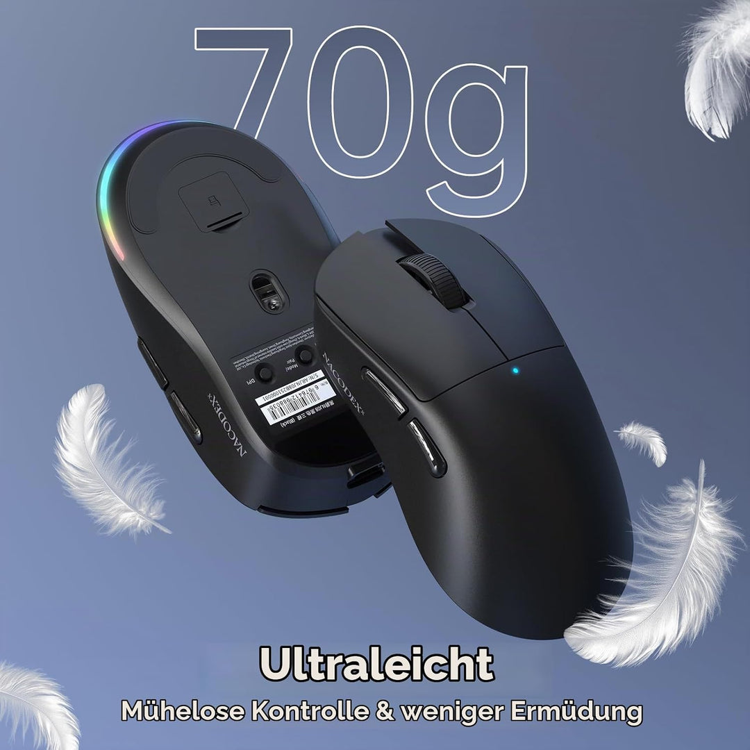 A.JAZZ NJ08 Tri-Mode Kabellose Gaming Maus, 1000Hz 70g Leicht, PC Mouse Mittel-Gross Ergonomisch, 12