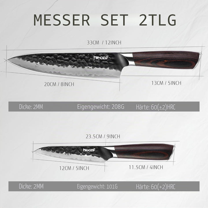 hecef Küchenmesser Set 2‑tlg., 20 cm Kochmesser & 12,7 cm Allzweckmesser, 3‑lagiger Hochkohlenstoff‑