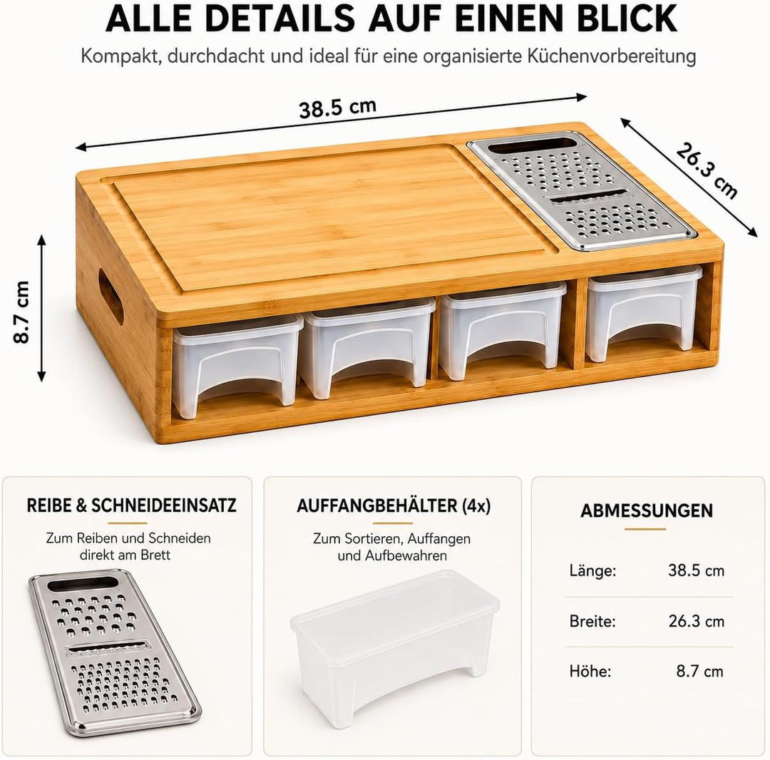 Bambus-Schneidebrett mit Auffangschale, 4 Behältern, Reibe &amp; Mandoline | Bambus Schneidebrett mit Au