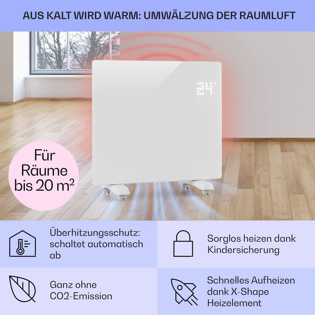 Klarstein Elektroheizung, Konvektor-Heizung mit Bodenrollen, Mobile Elektroheizung Energiesparend, S