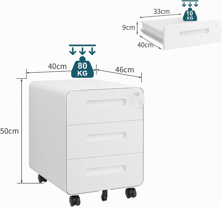 Rollcontainer mit 3 Schubladen, Aktenschrank, Abgerundetes Eckendesign, Abschliessbar, 4 Schlüsseln,