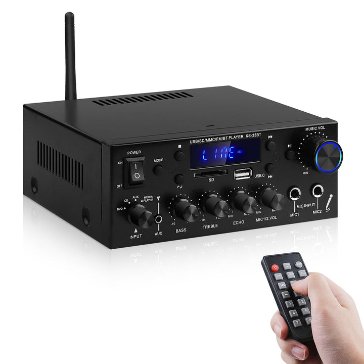 Audio-Verstärker für Zuhause, KS-33BT 2-Kanal Bluetooth5.0 HiFi-Verstärker, RMS 60W X 2 Max 400W X 2