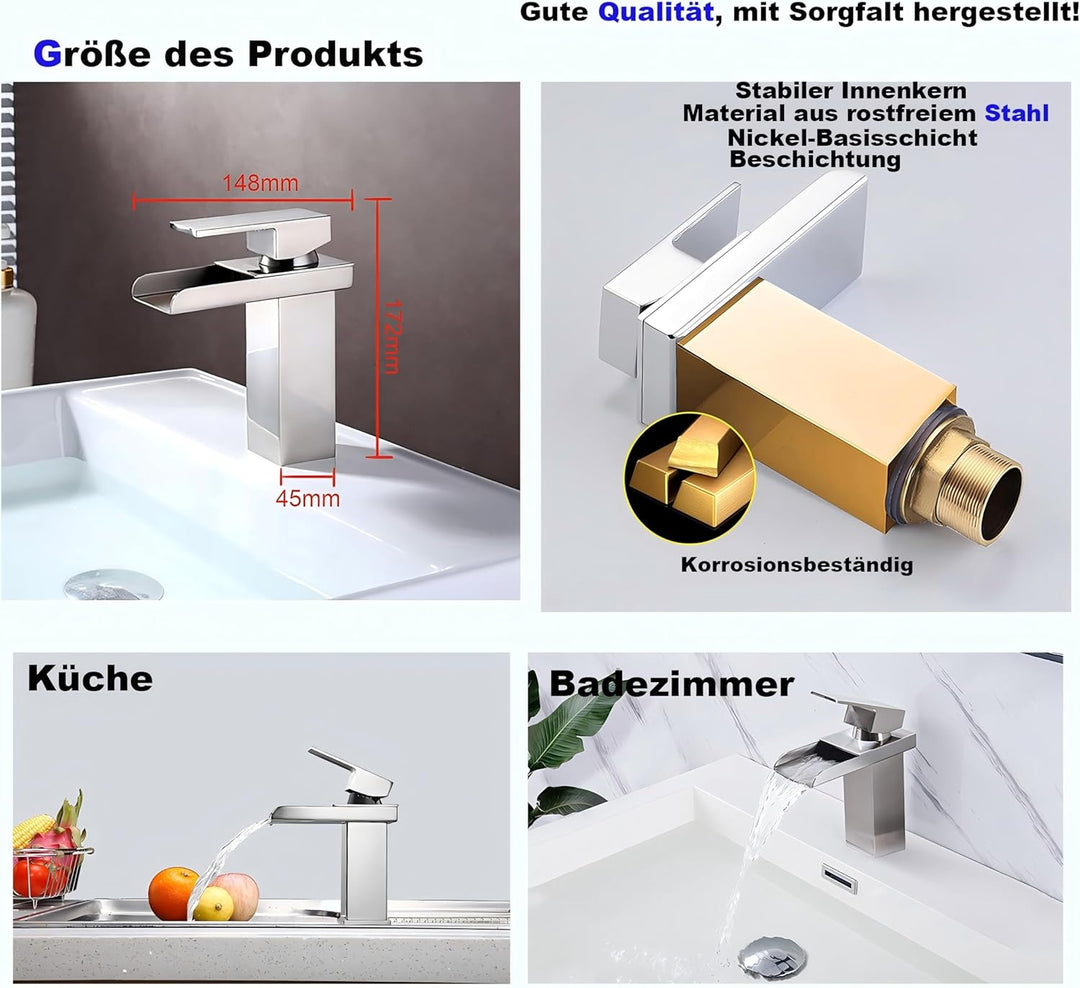 Wasserfall-Badezimmerarmatur, Badezimmerarmatur aus Edelstahl und Messing, Wassersparend, Waschtisch