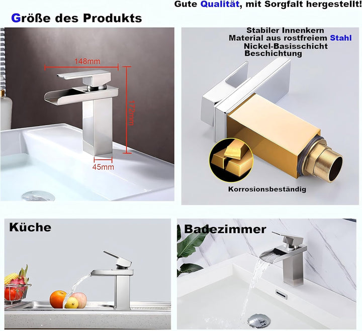 Wasserfall-Badezimmerarmatur, Badezimmerarmatur aus Edelstahl und Messing, Wassersparend, Waschtisch