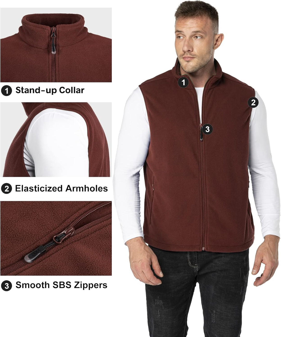 33,000ft Herren Fleece Weste Jacke Standkragen Ultraleicht Outdoor Ärmellose Fleecejacke Gilets Tops