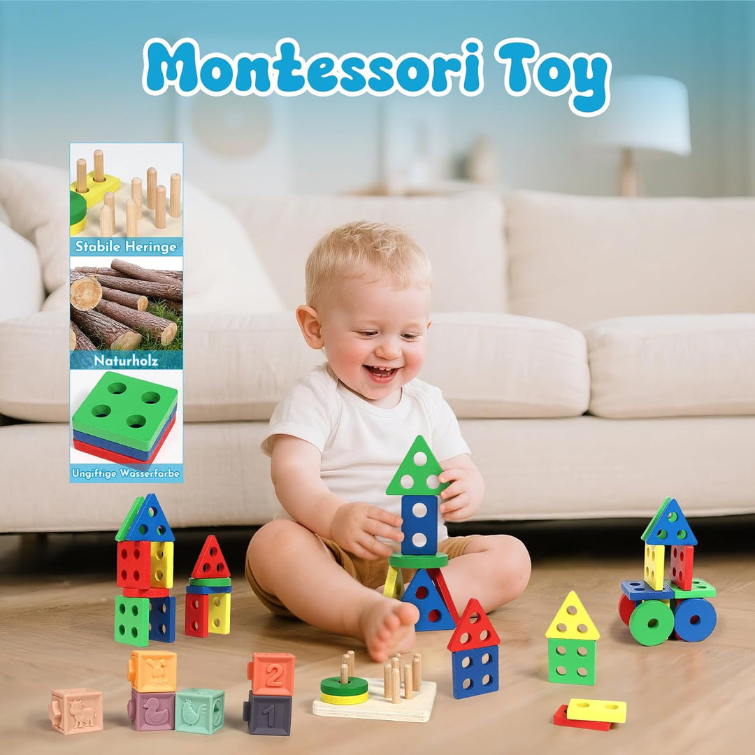 LearnToy Baby Spielzeug 6-18 Monate - Montessori 7-in-1 Aktivitätsset mit Stapelblöcken, Beissring &