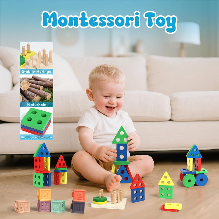 LearnToy Baby Spielzeug 6-18 Monate - Montessori 7-in-1 Aktivitätsset mit Stapelblöcken, Beissring &