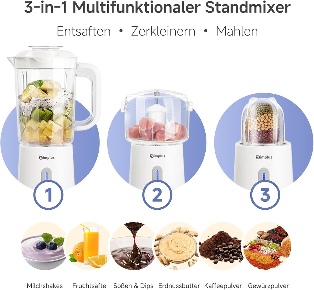 Simplus 3-in-1 Multifunction Stand Mixer, 1250 ml Mixkrug, 500 ml Fleischbecher & 300 ml Mahlbecher,