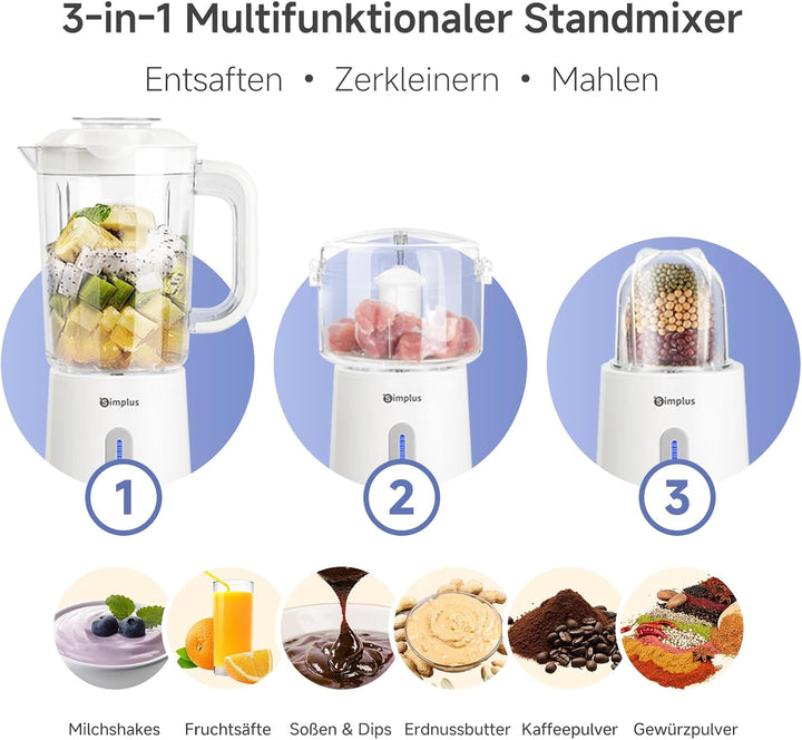 Simplus 3-in-1 Multifunction Stand Mixer, 1250 ml Mixkrug, 500 ml Fleischbecher & 300 ml Mahlbecher,