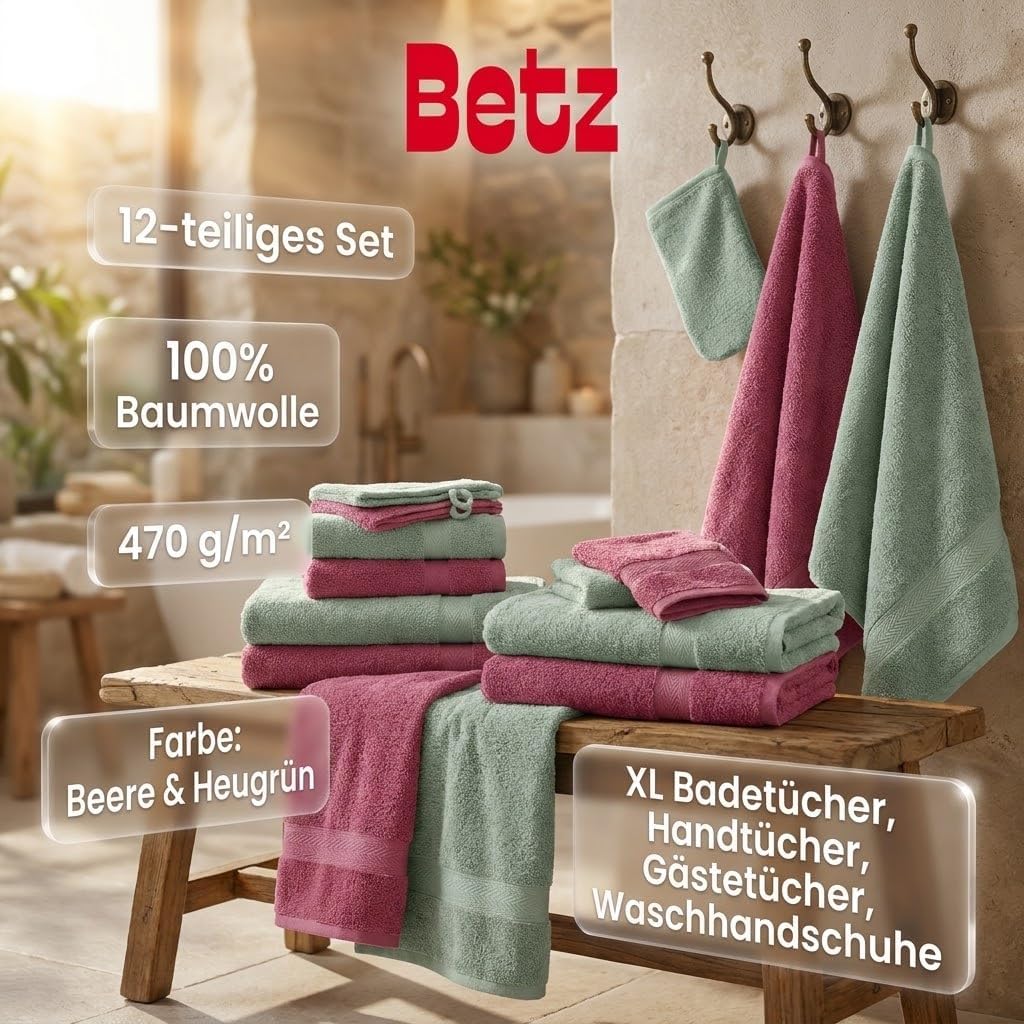 Betz 12-TLG. Handtuch Set Premium 100% Baumwolle 2 Duschtücher 4 Handtücher 2 Gästetücher 2 Seiftüch