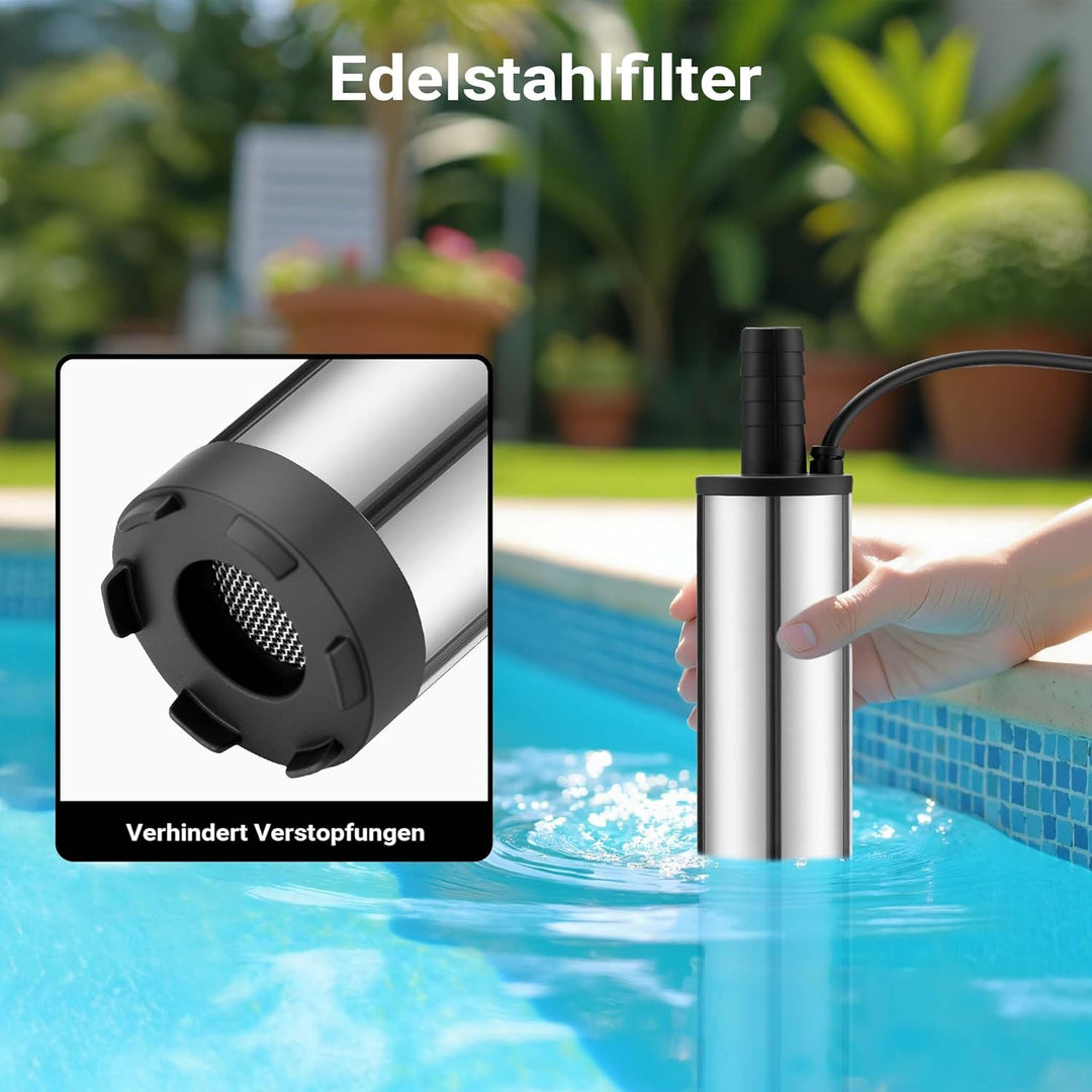 Wiltec Mini Pumpe 12-15 l/min 8500 U/min 12 V, 16 mm Auslass, Tauchpumpe für Wasser und Dieselöl, zu