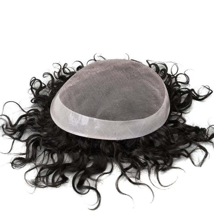 Lordhair Lockige Toupet für Männer, Echthaar-Toupet, Haarersatzsystem(18 * 23CM, Off Schwarz 1B#) 18