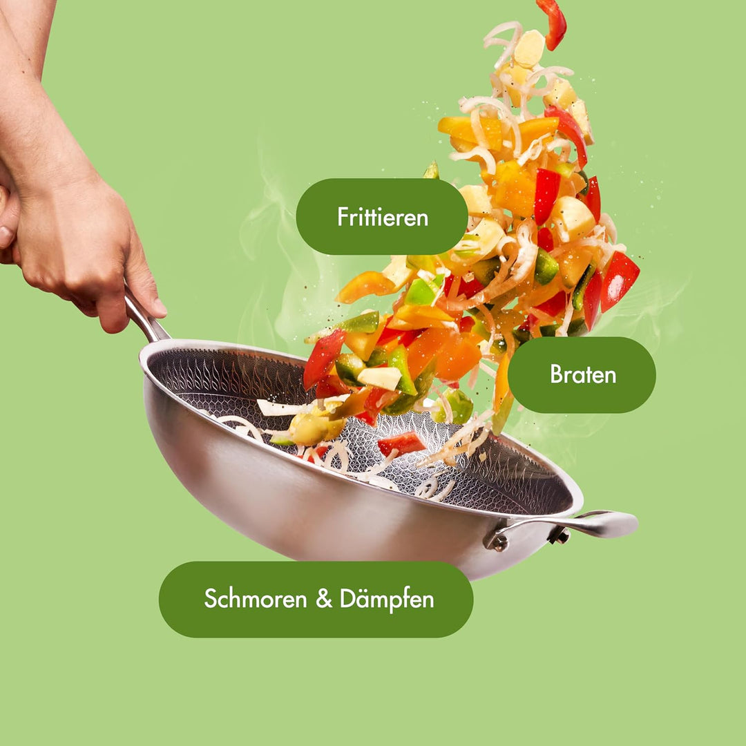 Reishunger Premium Wok aus Edelstahl | 32 cm Durchmesser | Mit Glasdeckel | Für alle Herdarten, Indu