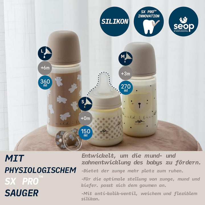 Suavinex, Babyflaschen-Set für Neugeborene, Geschenkset mit: 2 Flaschen 270 ml + 2 Flaschen 150 ml +
