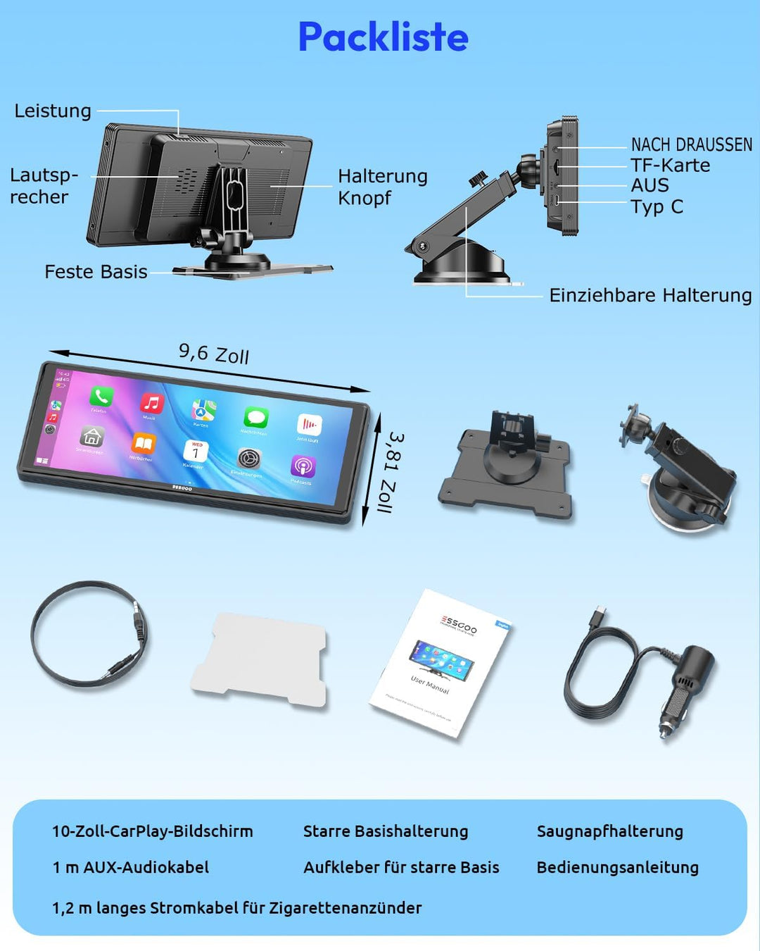 ESSGOO Carplay Android Auto Display10.26 Zoll,A-pple Carplay Bildschirm für AirPlay/Mirror Link,Car