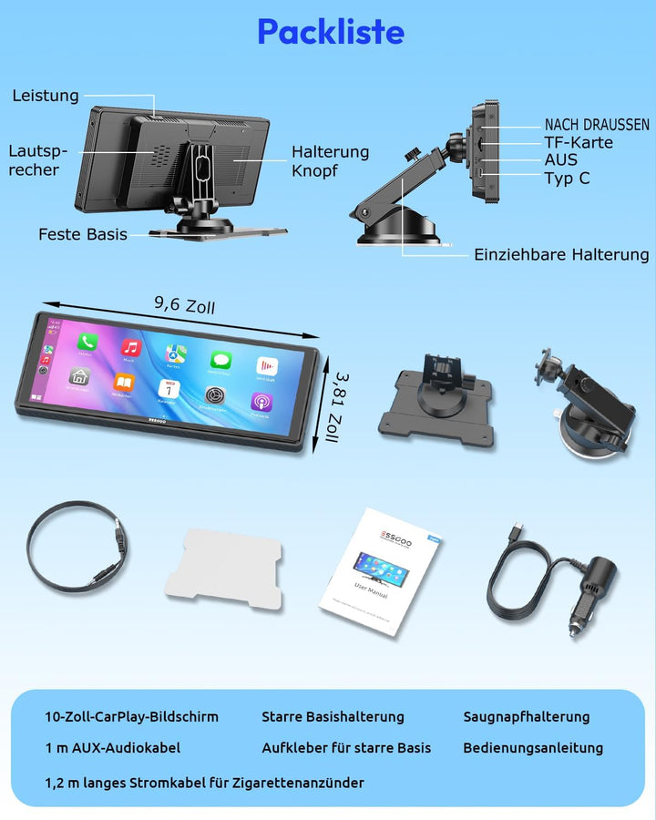 ESSGOO Carplay Android Auto Display10.26 Zoll,A-pple Carplay Bildschirm für AirPlay/Mirror Link,Car