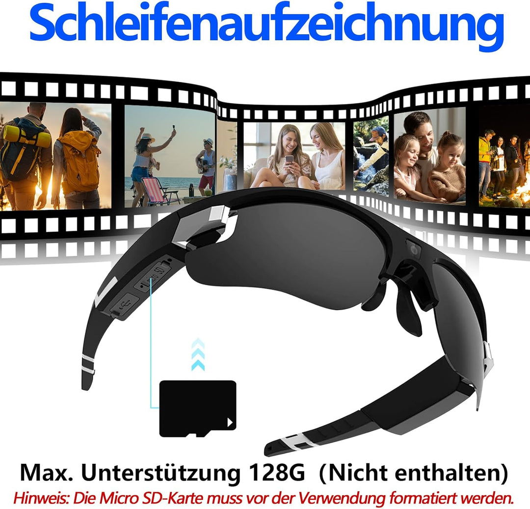 Action Cam, 1080P HD Brille mit Kamera, One-Touch & Polarisierte Linse Brille Kamera mit 160 Minuten