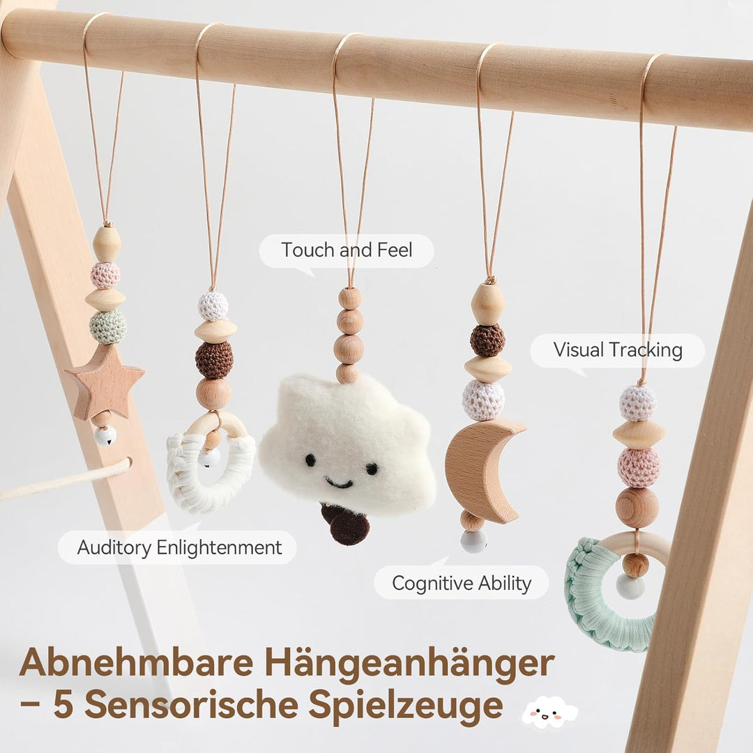 Spielbogen Baby Holz- Montessori Spielbogen mit 5 abnehmbaren Sensorischen Spielzeugen, Faltbar Baby
