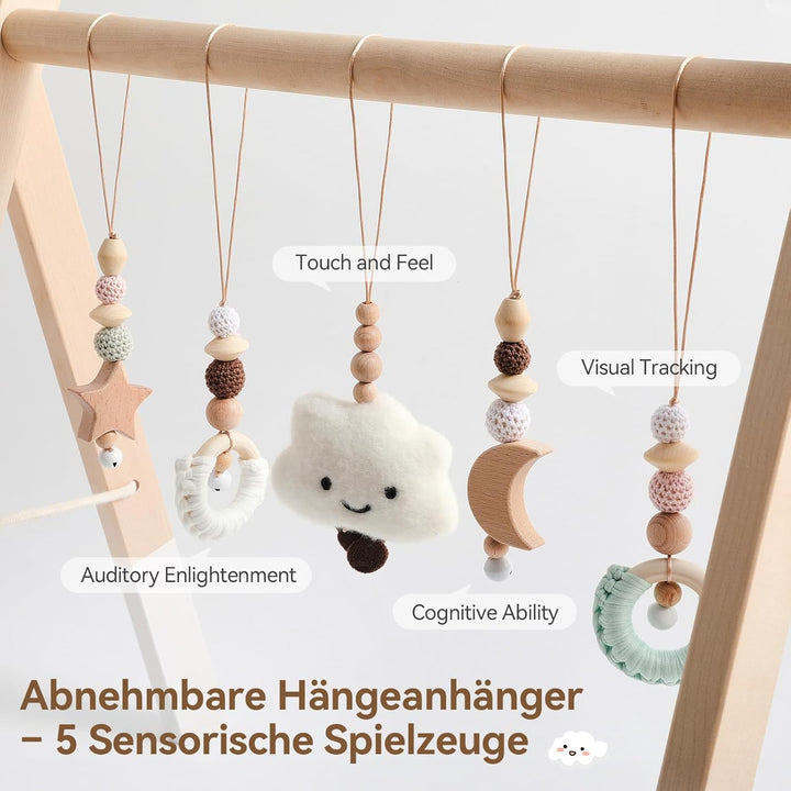 Spielbogen Baby Holz- Montessori Spielbogen mit 5 abnehmbaren Sensorischen Spielzeugen, Faltbar Baby